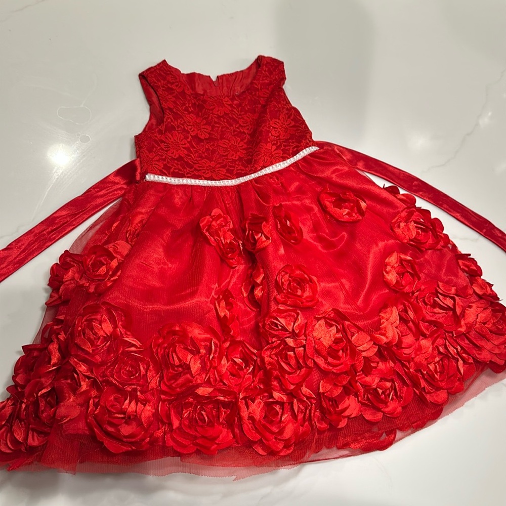 Nannette Kid’s Red Formal Sleeveless Floral Party Dress Tulle Rosette Lace